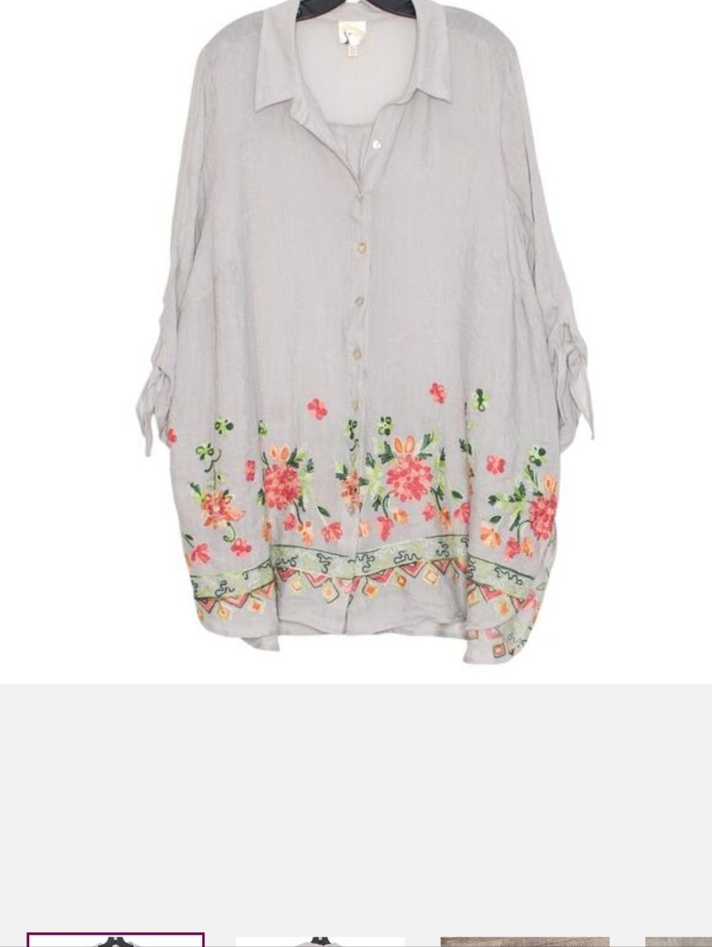 Fig & Flower Embroidered Button-Down Shirt in Gray and Pink